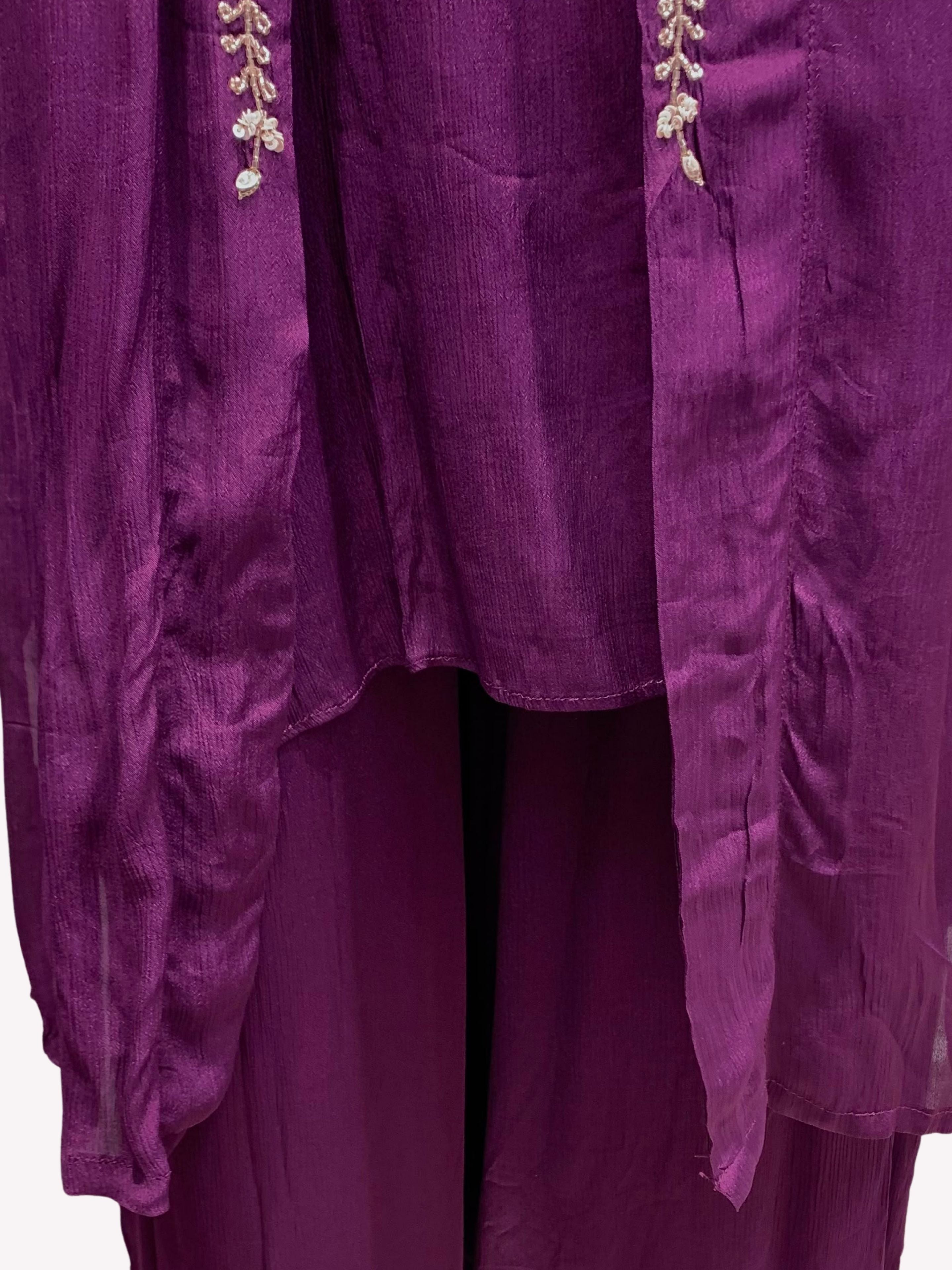 Wine Chinon Shirt, Palazzo, Shrug And Dupatta with Cutdana, Sequins, Pearl and Dabka Embroidery 4
